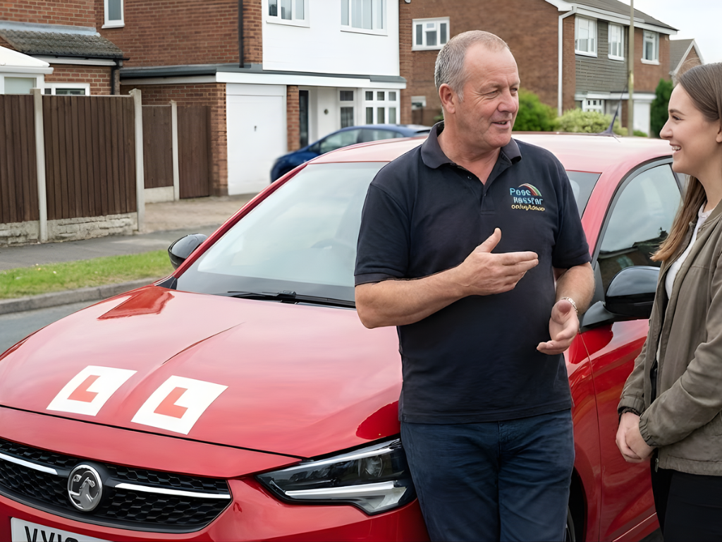 driving instructor talking to student