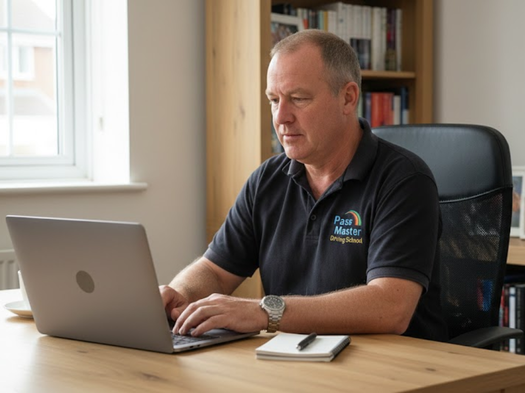 driving instructor using laptop